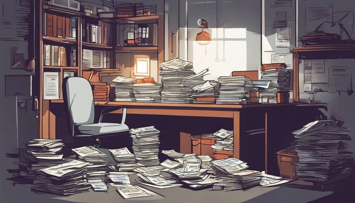Een rommelige tafel met rekeningen en verzekeringsdocumenten creëert financiële last. Een rommelige tafel met rekeningen en verzekeringsdocumenten creëert financiële last.