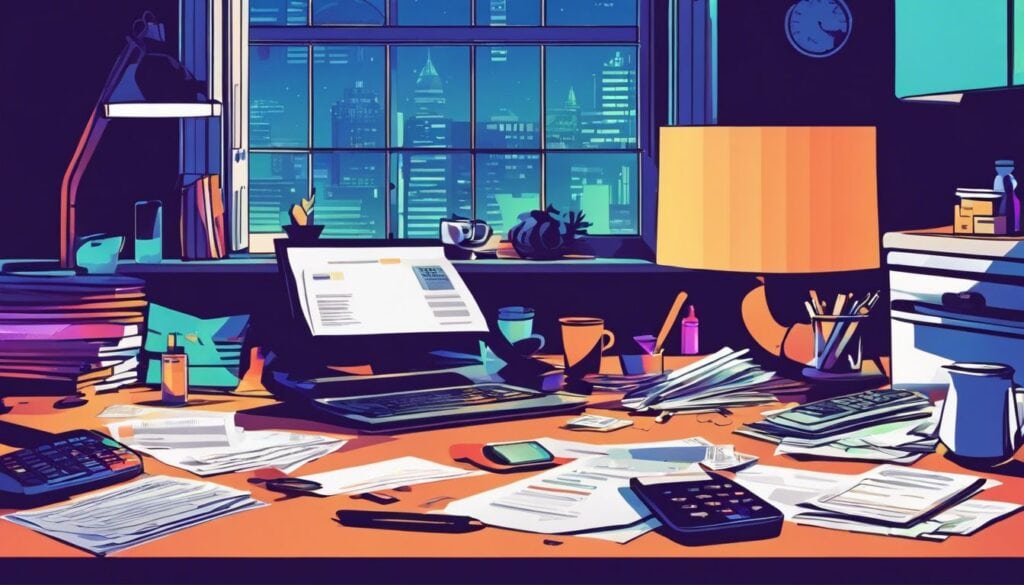 Een rommelige keukentafel met rekeningen en financiële papieren.