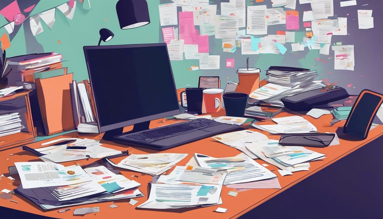Een rommelig kantoorbureau met papieren en kantoorbenodigdheden. Een rommelig kantoorbureau met papieren en kantoorbenodigdheden.