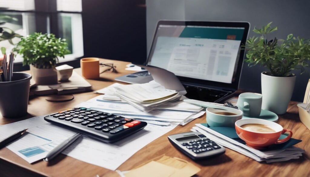 Een rommelig bureau met rekeningen en een calculator, omgeven door huishoudelijke spullen, benadrukt financiële organisatie en planning.
