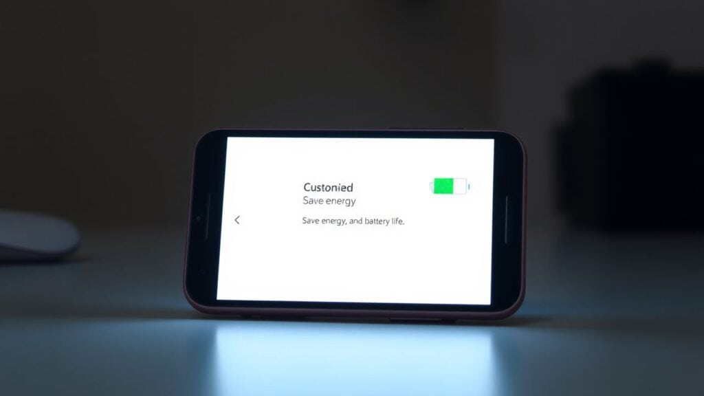 Een smartphone met aangepaste energiebesparende instellingen om batterijduur te verlengen.