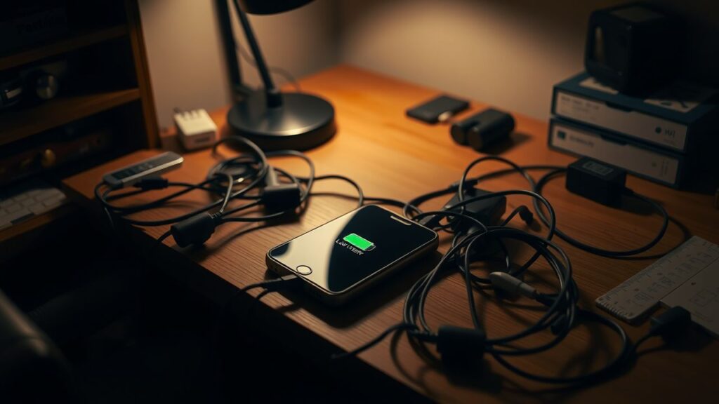 Een smartphone met een lege batterij ligt op een rommelig bureau.