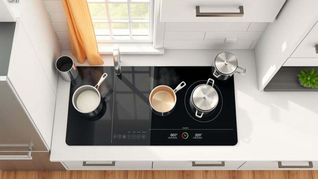 Een moderne keuken met inductiekookplaat en potten op het vuur.