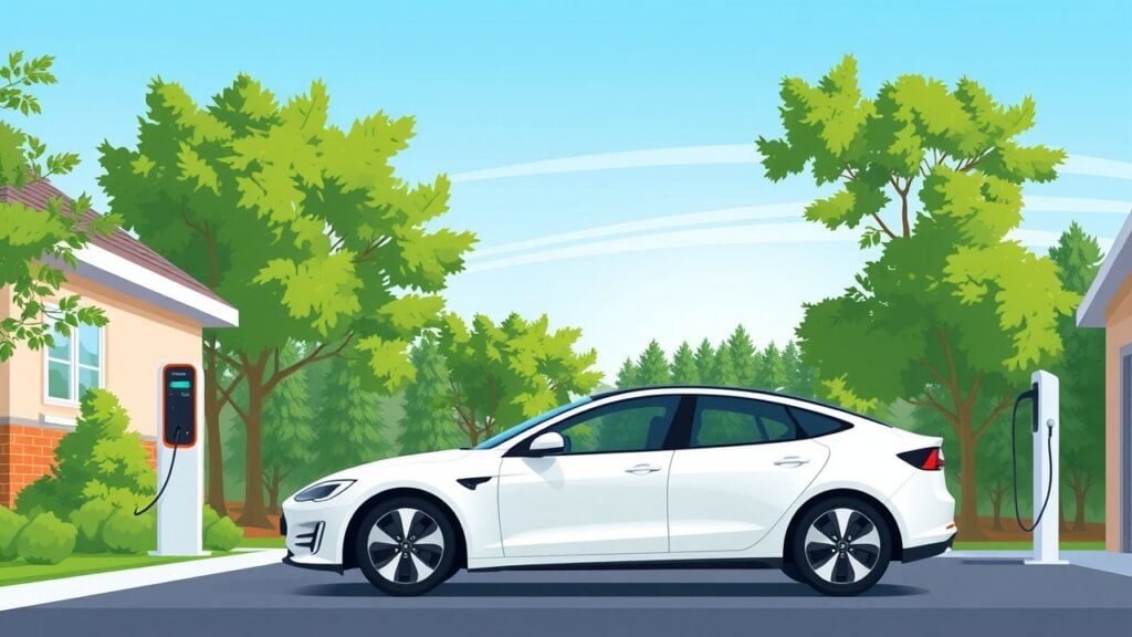 Een elektrische auto opgeladen in een buitenwijkse oprit.