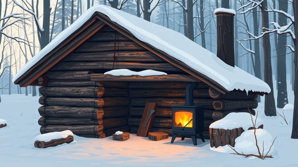 Een oude houten hut in een besneeuwd bos met een warme houtkachel.