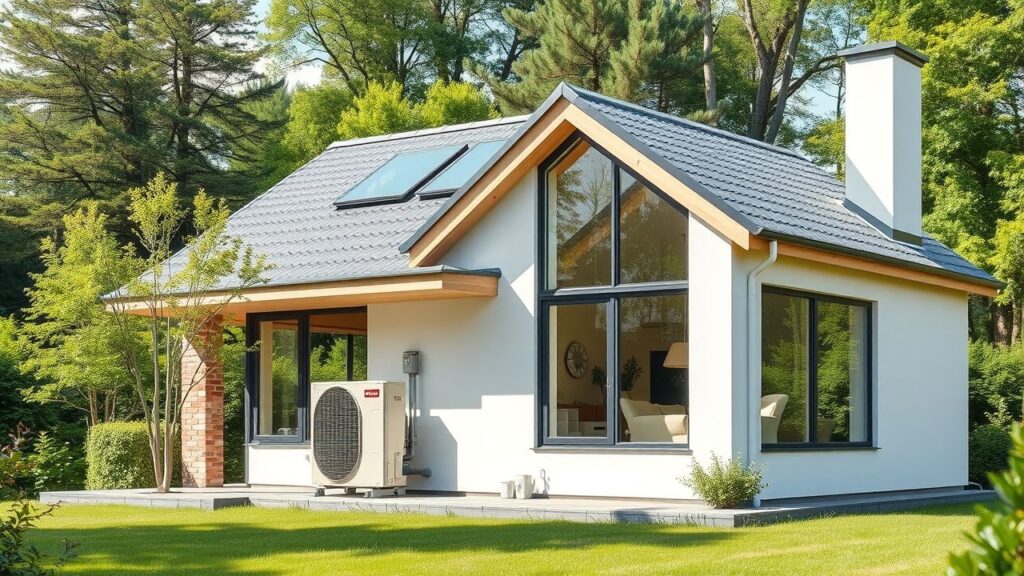 Een modern huis met een hybride warmtepomp en energiebesparende kenmerken.