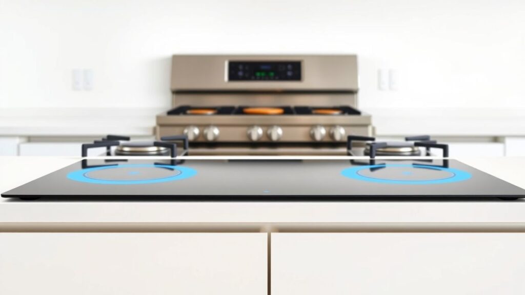 Een modern keuken met inductiekookplaat en ouderwetse gasfornuis op achtergrond.