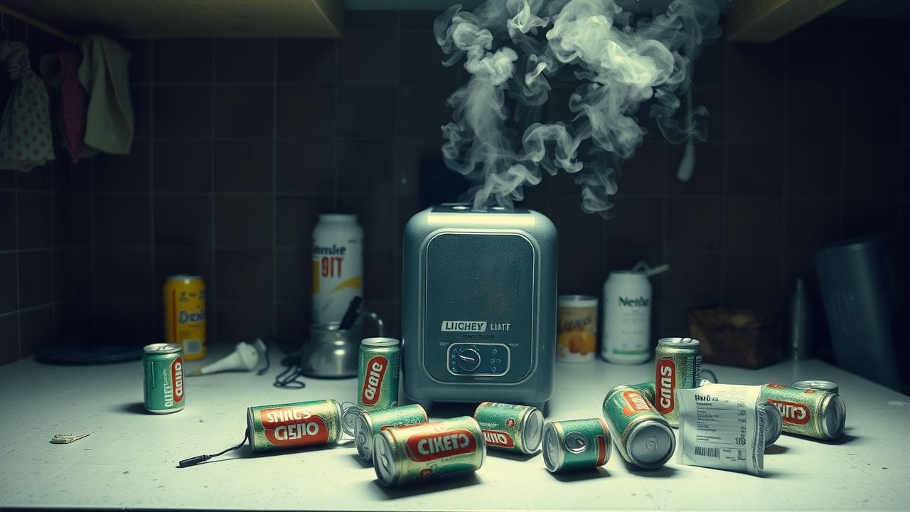 Een verouderde keukenboiler in een rommelige keuken. Een verouderde keukenboiler in een rommelige keuken.