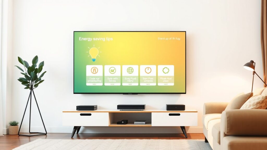Een moderne LED TV toont energiebesparingstips in een gezellige woonkamer.