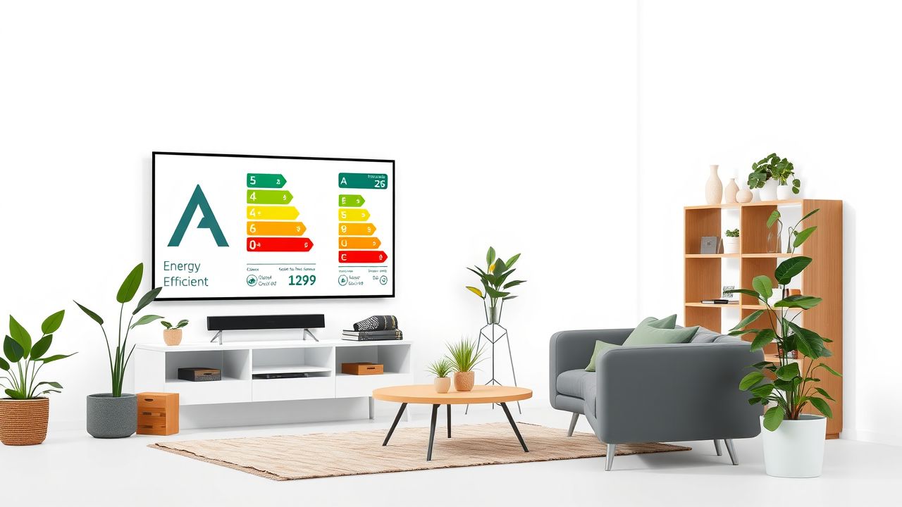 Een modern, energiezuinig ingerichte woonkamer met duurzame meubels en eco-vriendelijke decoraties.