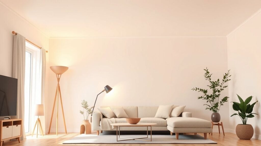 Een gezellige woonkamer met energiezuinige verlichting in platte designstijl.
