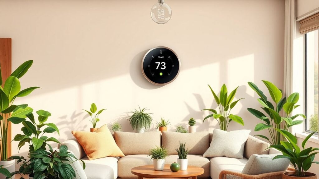 Een moderne woonkamer met eco-vriendelijke elementen en een Nest thermostaat.