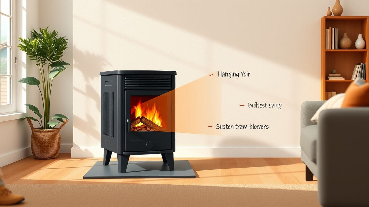 Een gezellige woonkamer met een pelletkachel die efficiënt warmte verspreidt. Een gezellige woonkamer met een pelletkachel die efficiënt warmte verspreidt.