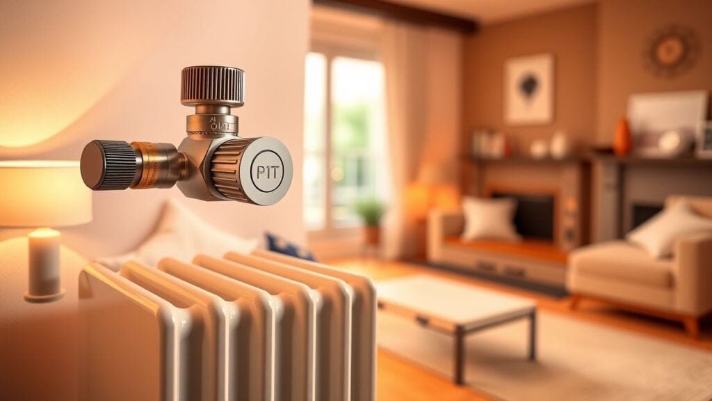 Een radiatorventiel op een radiator in een gezellige woonkamer.
