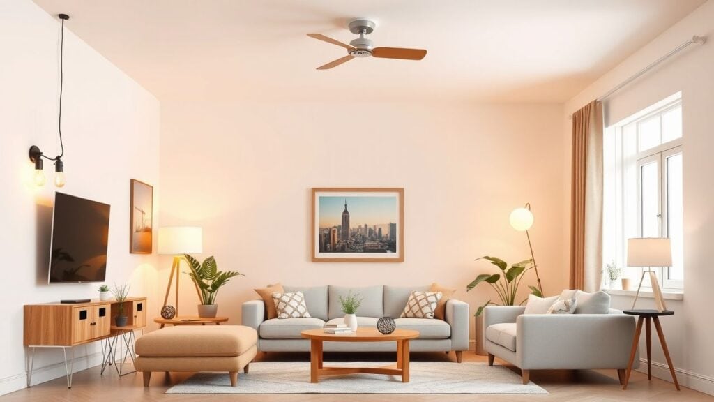 Een gezellige woonkamer met traditionele en energiezuinige verlichting.