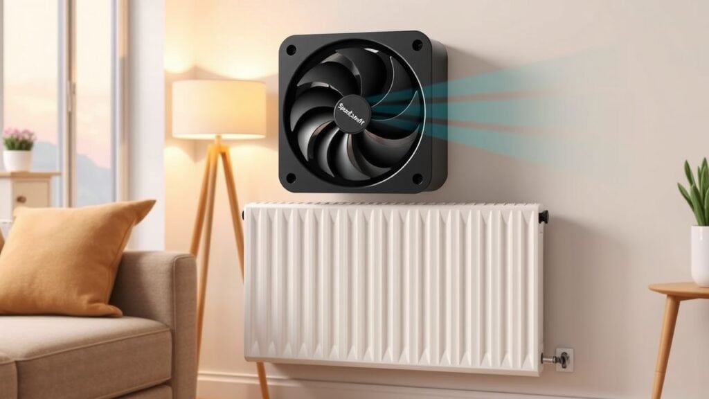 Een SpeedComfort radiatorventilator gemonteerd op een moderne radiator in een gezellige woonkamer.