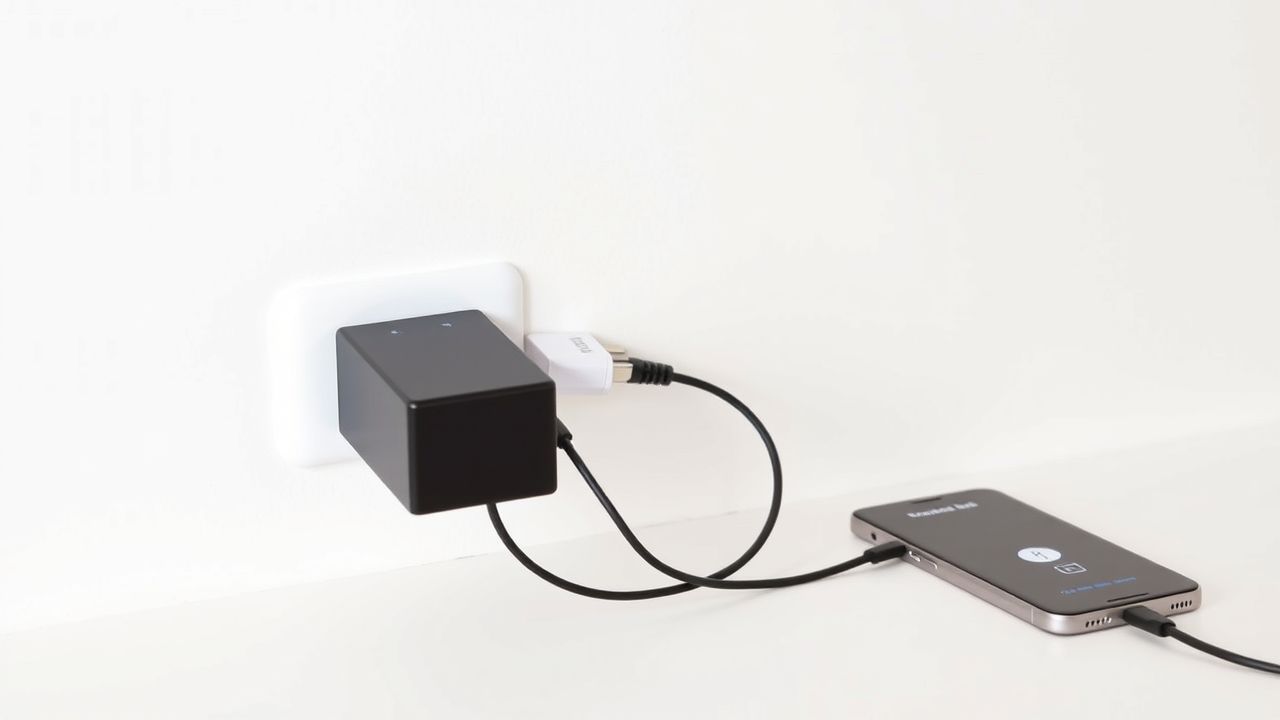 Een slimme stekker met aangesloten elektronische apparaten en mobiele app.