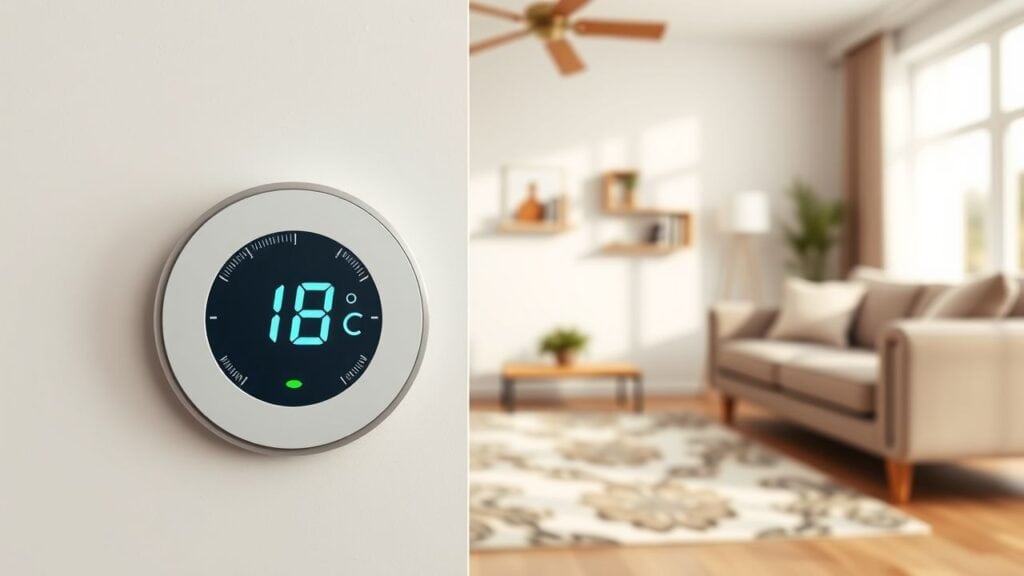 Een moderne kamer met een eenvoudige thermostaat op 18 graden Celsius.