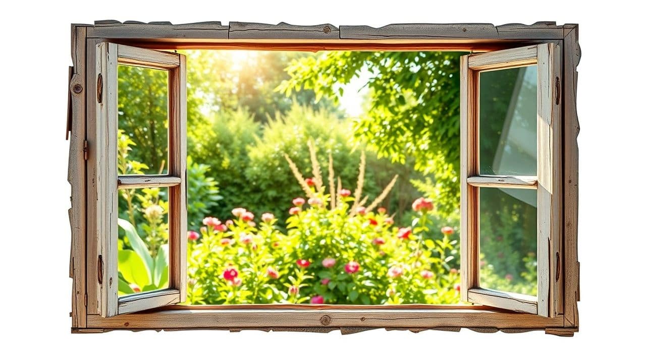 Een oude, tochtige raam met uitzicht op een weelderige tuin.