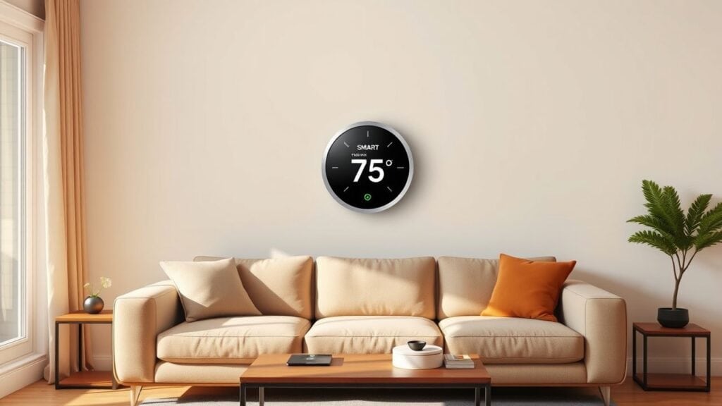 Een moderne thermostaat wordt weergegeven op een muur in een gezellige woonkamer.