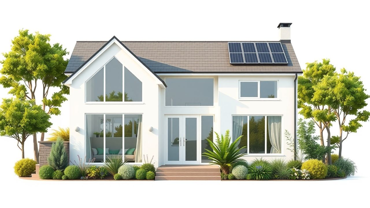 Een modern, energiezuinig huis met zonnepanelen en een groene tuin.