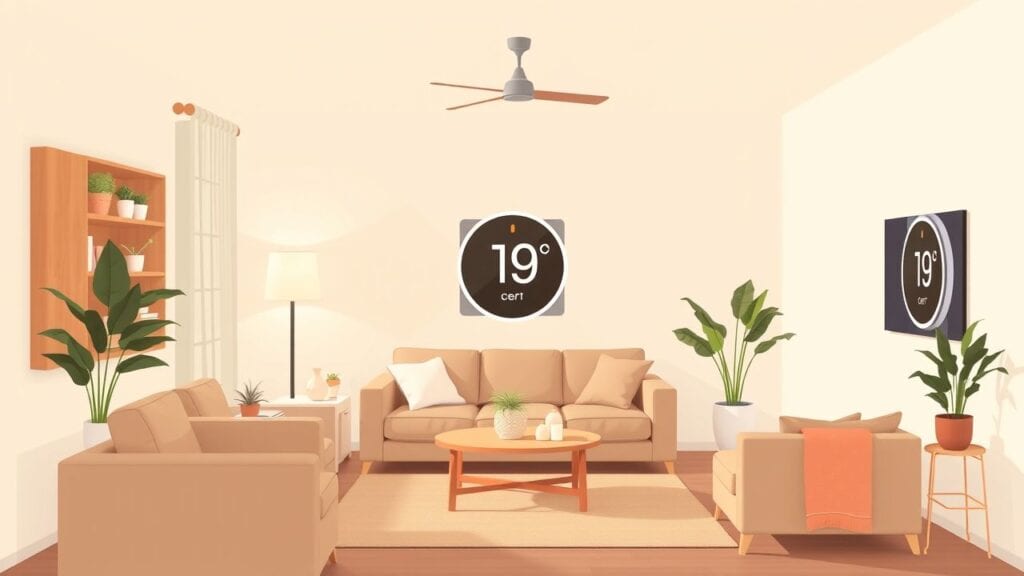 Een gezellige woonkamer met comfortabele meubels en energiebesparende maatregelen.