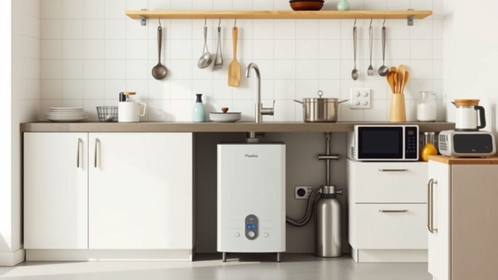 Een moderne, energiezuinige warmtepompboiler in een strakke keukenomgeving.