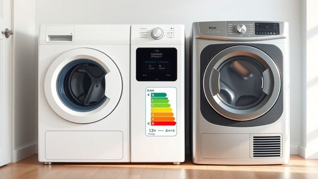 Een moderne warmtepompdroger in een wasruimte, naast een ouder condensdroger.