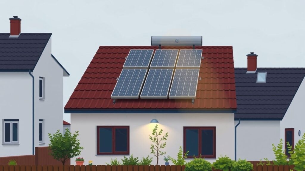 Een zonnewaterverwarmer geïnstalleerd op een dakterras in een buitenwijk.