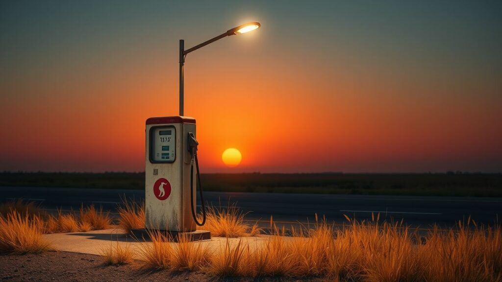 Een oude verlaten benzinestationpomp in de schemering.