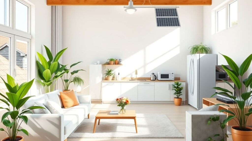 Eco-vriendelijke moderne woonkamer met minimalistisch meubilair en groene planten.