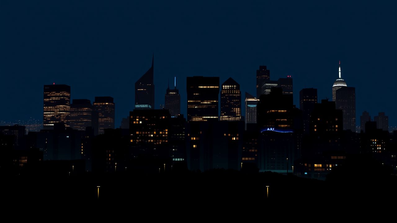 Een donkere stadsgezicht tijdens Earth Hour met weinig verlichting.
