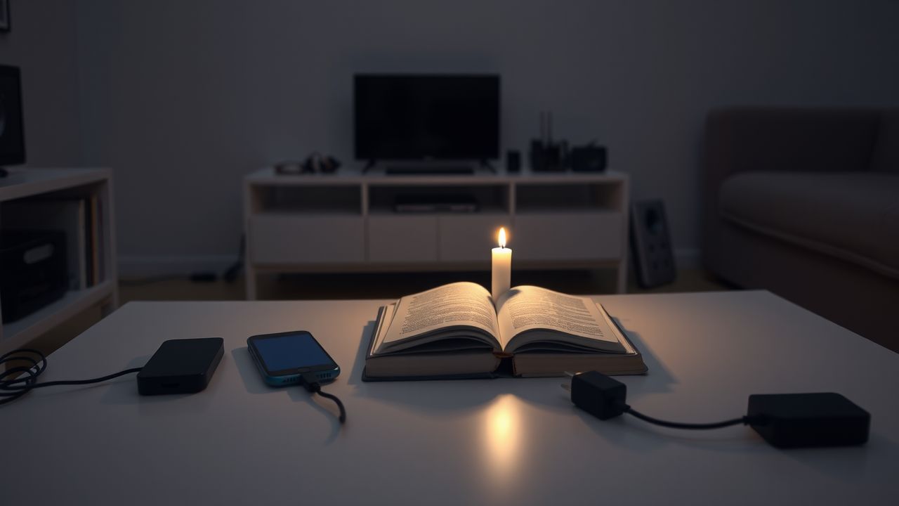 Een rustige woonkamer met kaarslicht en elektronica in ruststand.