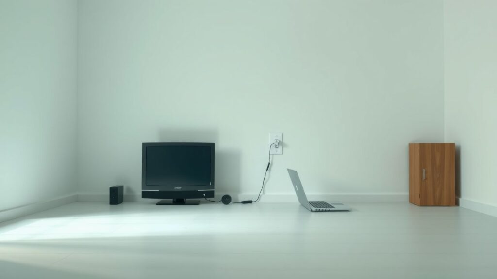 Een lege kamer met elektronische apparaten in stand-bymodus en een uitgeschakelde lichtschakelaar.