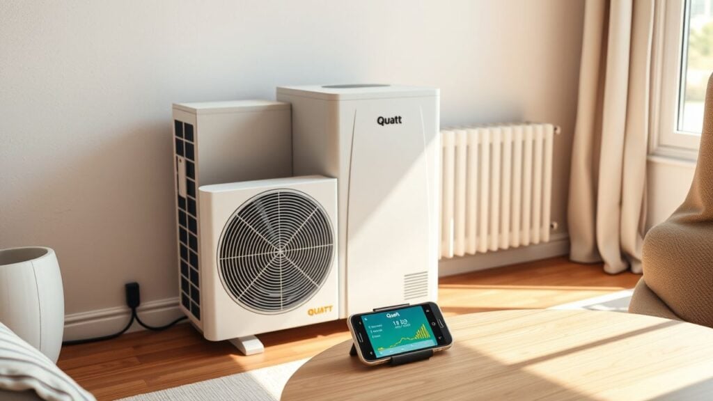 Een comfortabele woonkamer met een moderne Quatt Hybrid warmtepomp en een traditionele gasverwarming.
