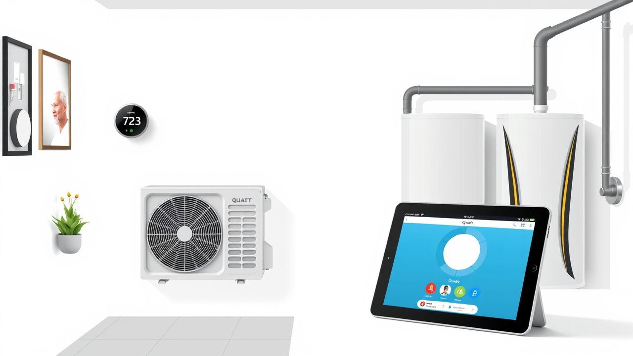 Een moderne utility room met een Quatt hybride warmtepomp en traditionele gasboiler. Een moderne utility room met een Quatt hybride warmtepomp en traditionele gasboiler.