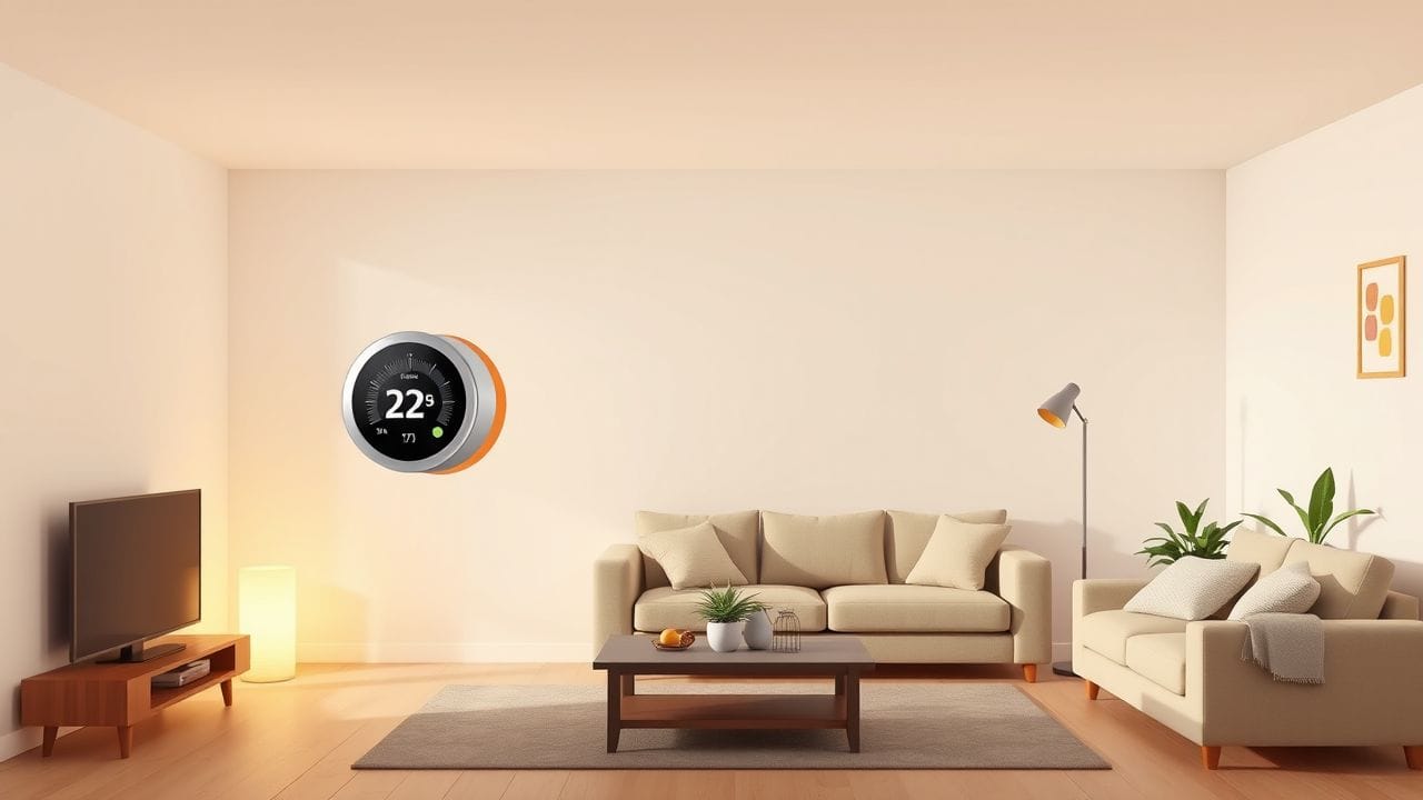 Een modern ingerichte woonkamer met slimme verwarmingssysteem en gezellige sfeer. Een modern ingerichte woonkamer met slimme verwarmingssysteem en gezellige sfeer.