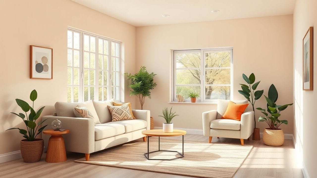 Een gezellige woonkamer met neutrale kleuren en moderne decoraties. Een gezellige woonkamer met neutrale kleuren en moderne decoraties.