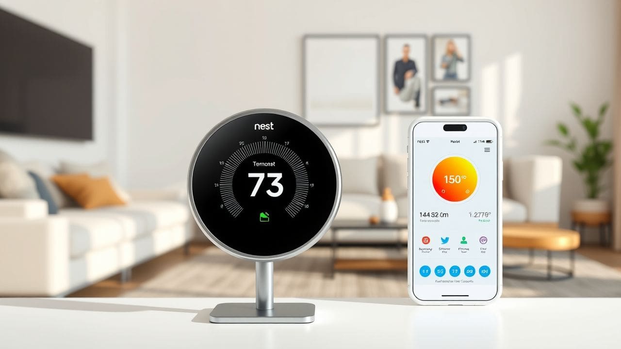 Een Nest thermostaat die is aangesloten op een smartphone in een modern huis. Een Nest thermostaat die is aangesloten op een smartphone in een modern huis.