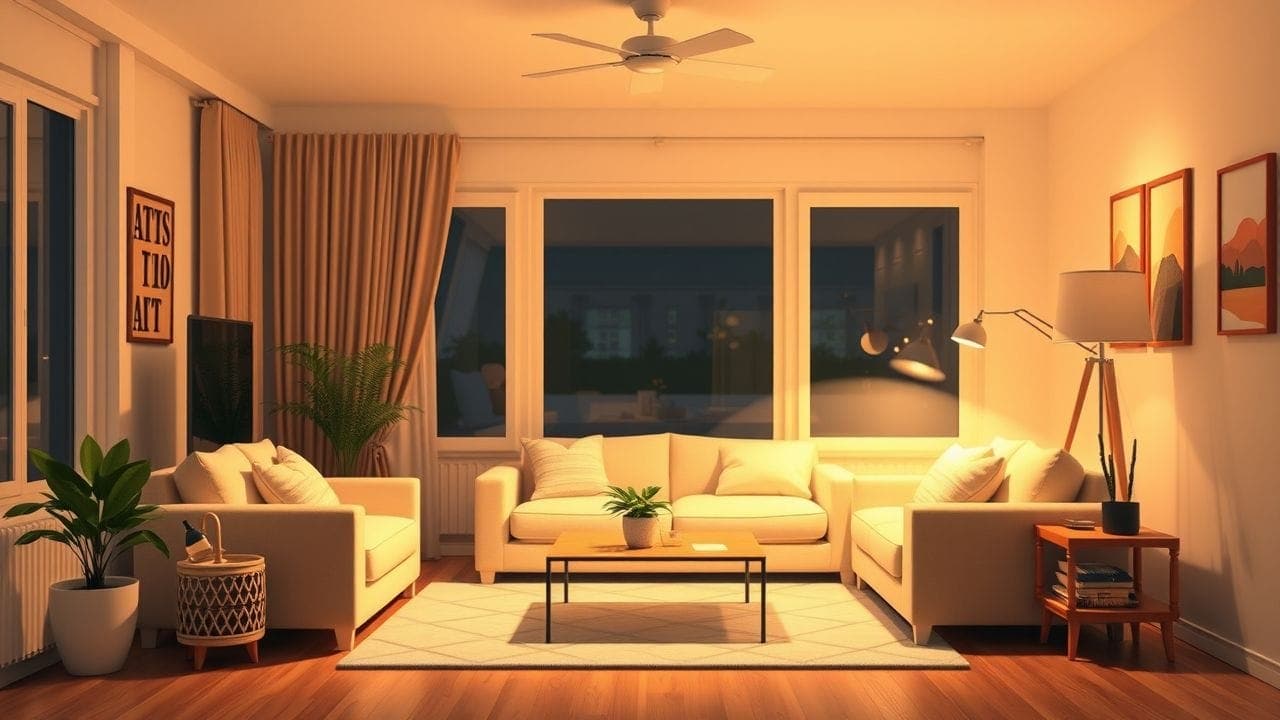 Een gezellige woonkamer verlicht door warme witte LED-lampen in een flat design stijl. Een gezellige woonkamer verlicht door warme witte LED-lampen in een flat design stijl.