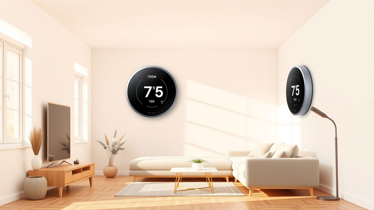 Een modern en minimalistisch woonkamer met een slimme thermostaat. Een modern en minimalistisch woonkamer met een slimme thermostaat.