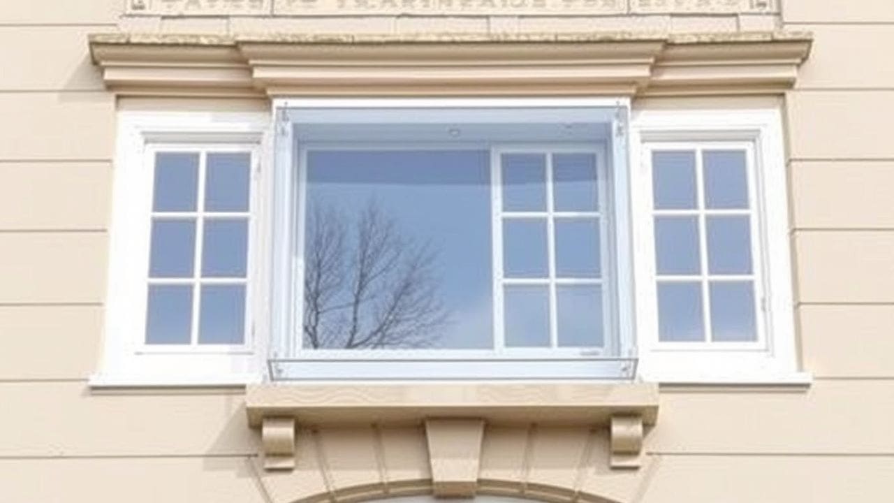 Een historisch gebouw met een nieuwe heldere acryl secundair raam. Een historisch gebouw met een nieuwe heldere acryl secundair raam.
