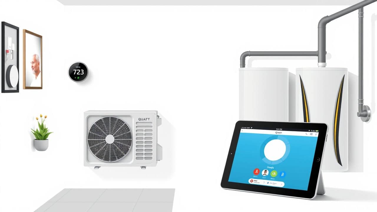 Een moderne utility room met een Quatt hybride warmtepomp en traditionele gasboiler. Een moderne utility room met een Quatt hybride warmtepomp en traditionele gasboiler.