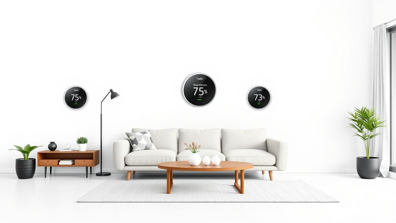 Een moderne woonkamer met Tado° slimme thermostaten in plat designstijl. Een moderne woonkamer met Tado° slimme thermostaten in plat designstijl.
