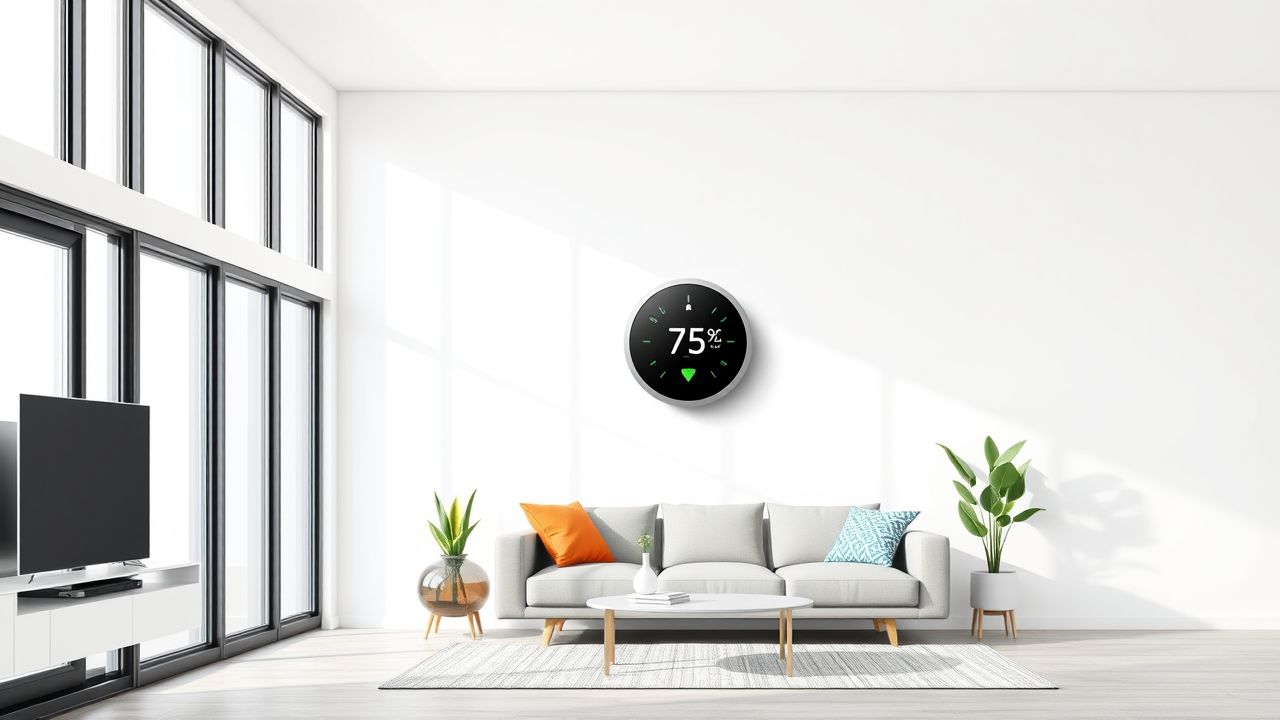 Een moderne woonkamer met een slimme thermostaat aan de muur. Een moderne woonkamer met een slimme thermostaat aan de muur.