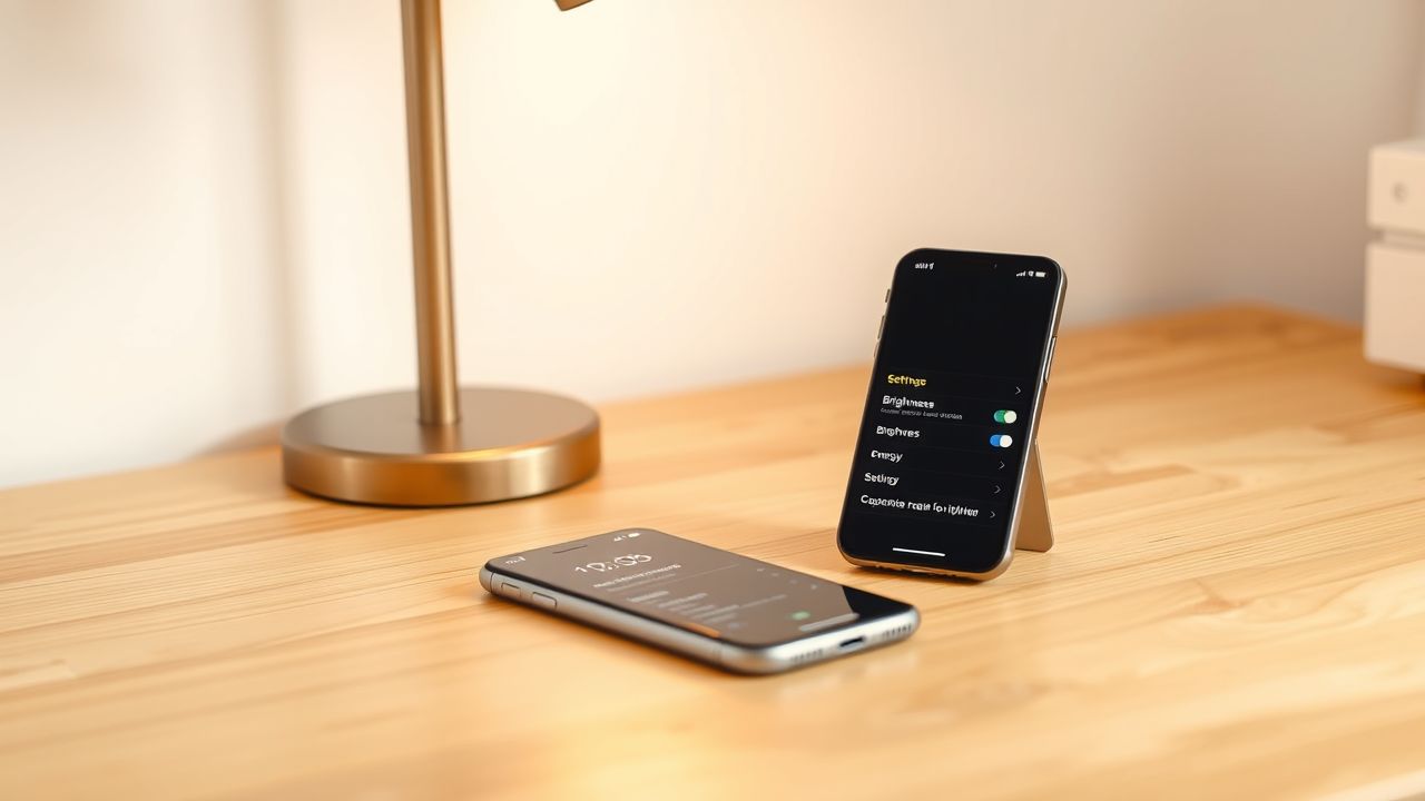 Een iPhone op een houten bureau in een gezellig thuiskantoor. Een iPhone op een houten bureau in een gezellig thuiskantoor.