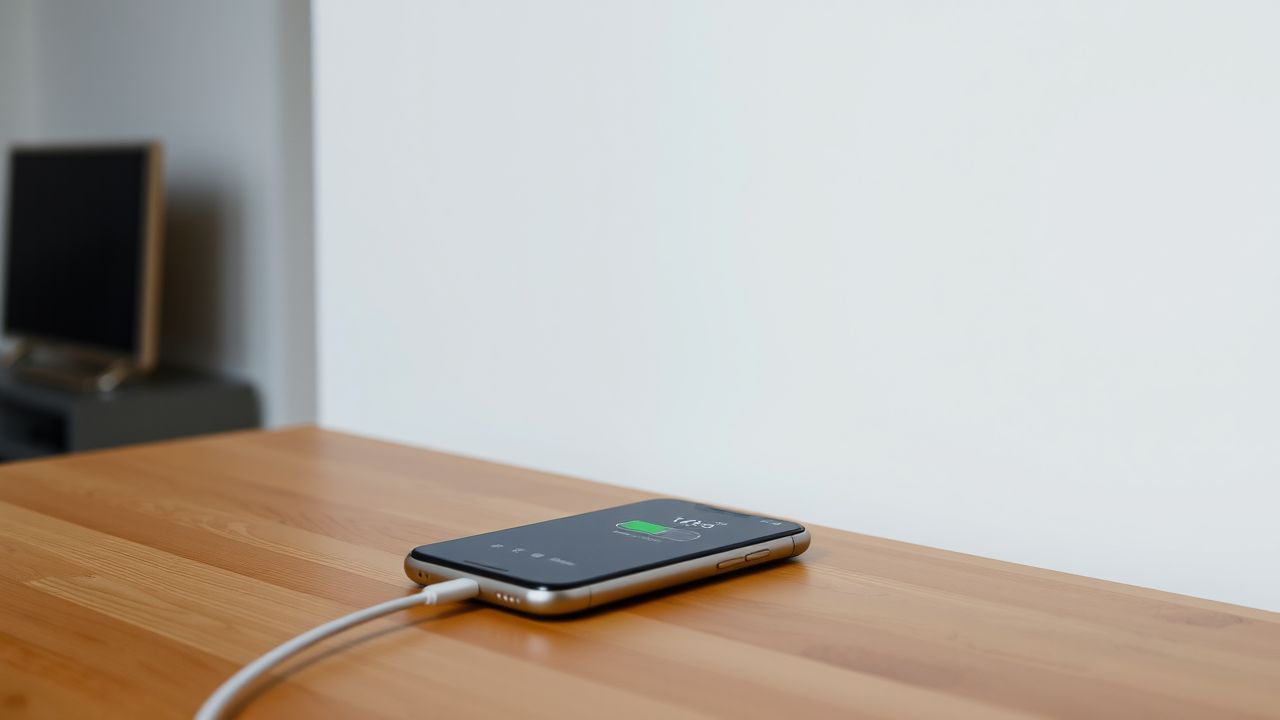 Een smartphone wordt opgeladen op een houten tafel. Een smartphone wordt opgeladen op een houten tafel.