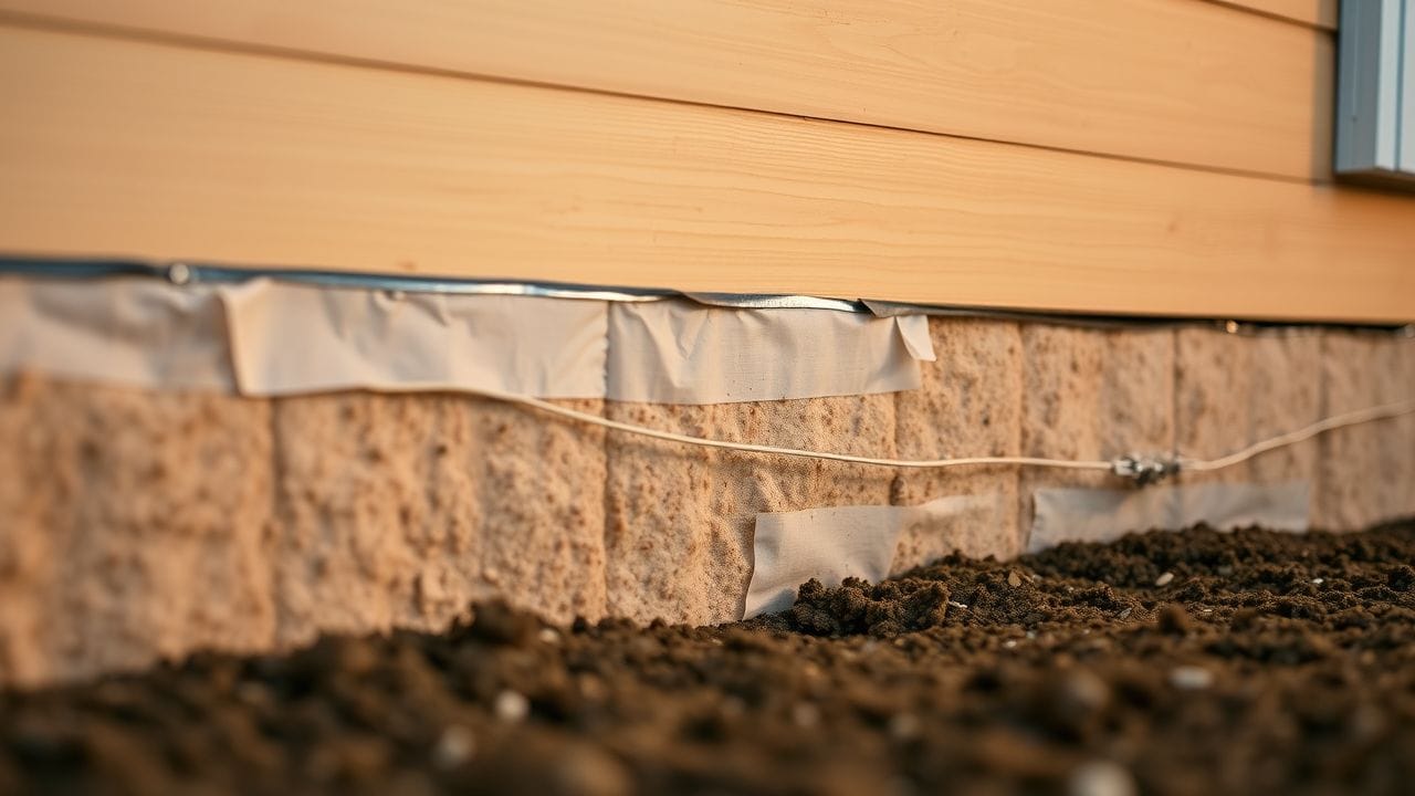 Het aanbrengen van milieuvriendelijke isolatiematerialen op een huisfundering. Het aanbrengen van milieuvriendelijke isolatiematerialen op een huisfundering.
