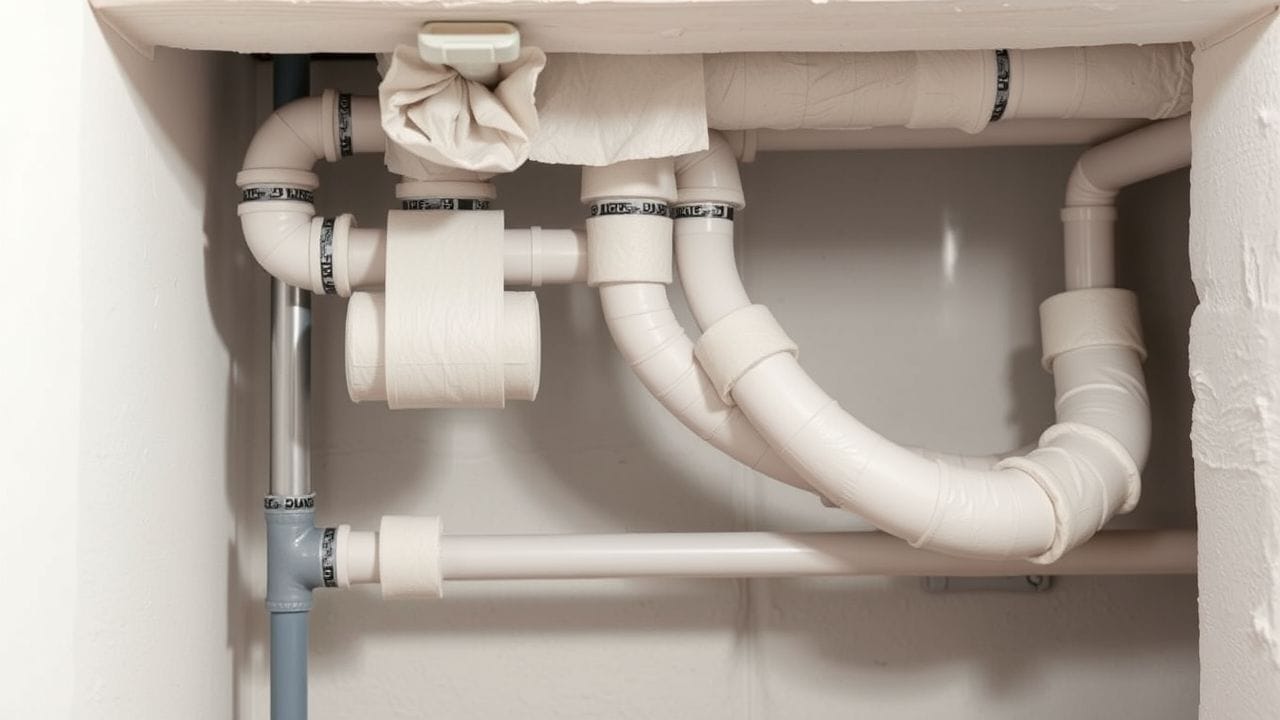 Zelfklevende pijpisolatie wordt aangebracht op blootgestelde verwarmingspijpen in een kelder. Zelfklevende pijpisolatie wordt aangebracht op blootgestelde verwarmingspijpen in een kelder.
