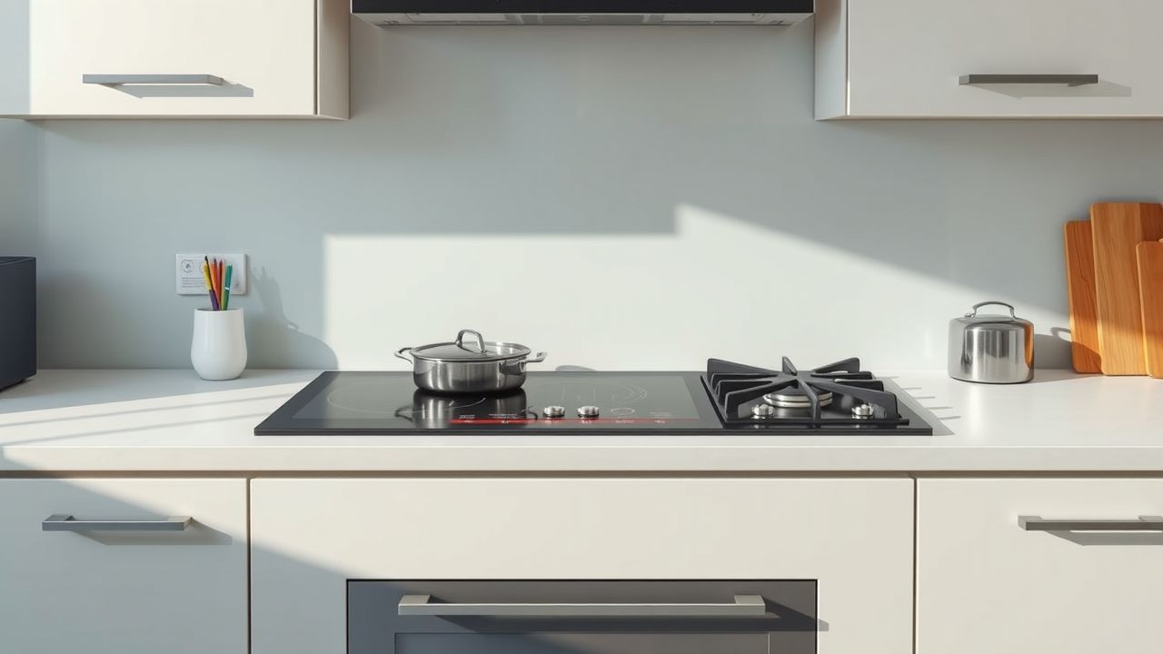 Een modern keukenontwerp met nadruk op inductiekookplaat versus gasfornuis. Een modern keukenontwerp met nadruk op inductiekookplaat versus gasfornuis.